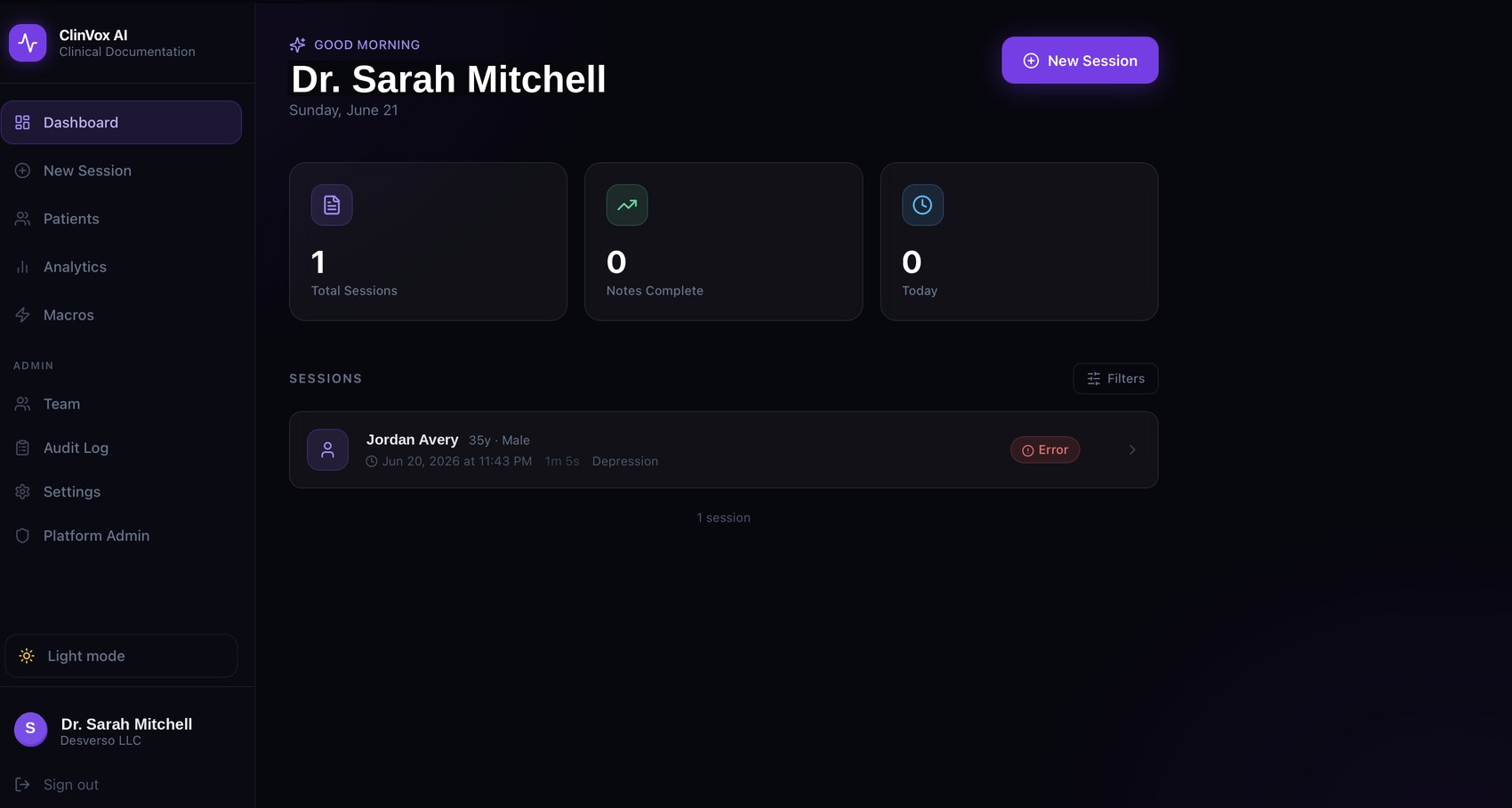 ClinVox AI dashboard
