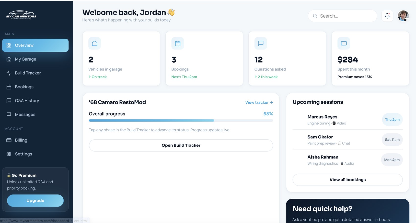My Car Mentors dashboard